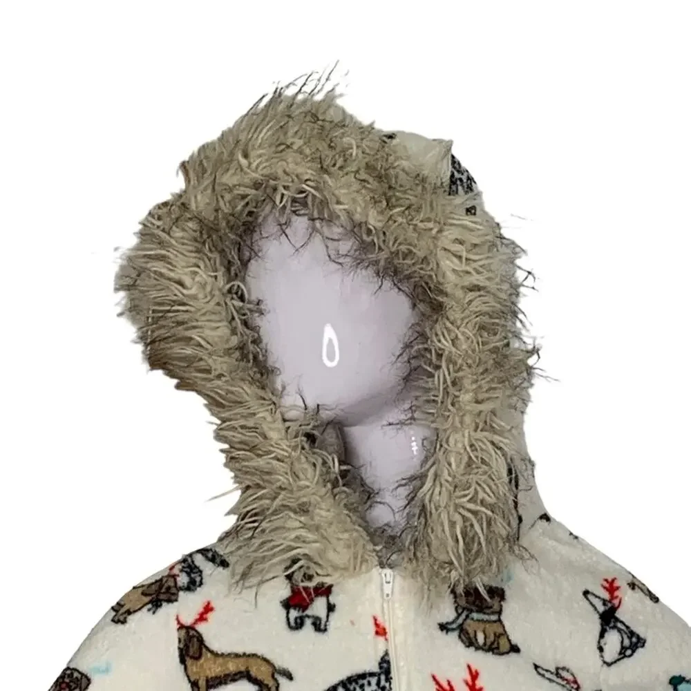Holiday Time One Piece Hoodie Doggies Print Front Zipper Size XS